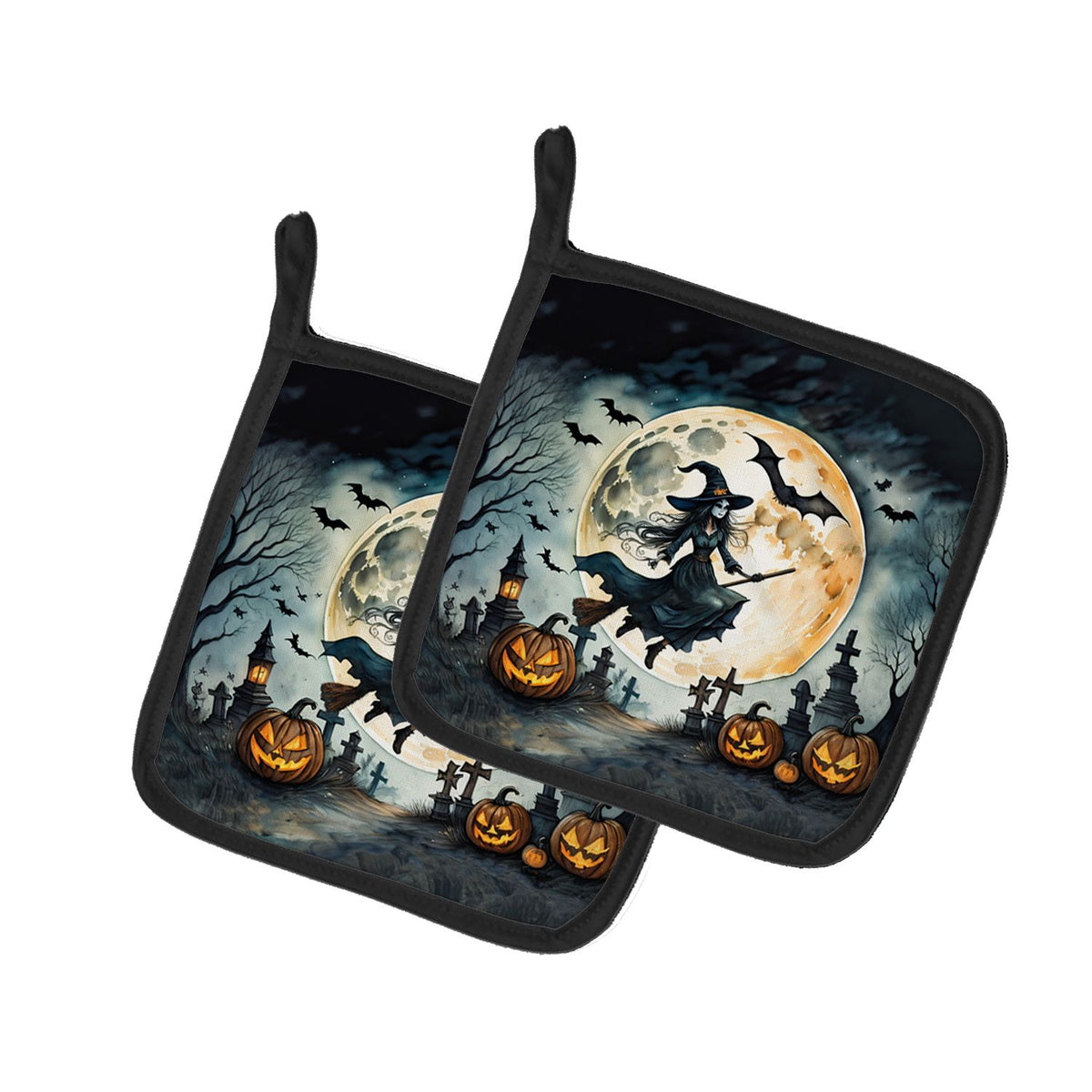 Flying Witch Spooky Halloween Pot Holder Set 7.5 x 7.5 in