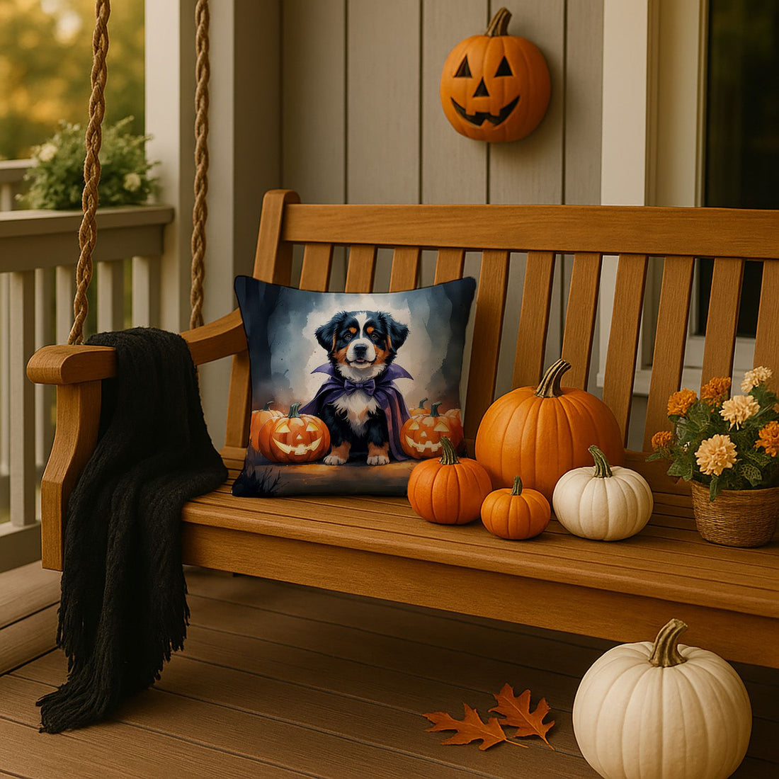 Bernese Mountain Dog Puppy Halloween Throw Pillow Indoor/Outdoor Decorative Throw Pillow, 14 x 14 in