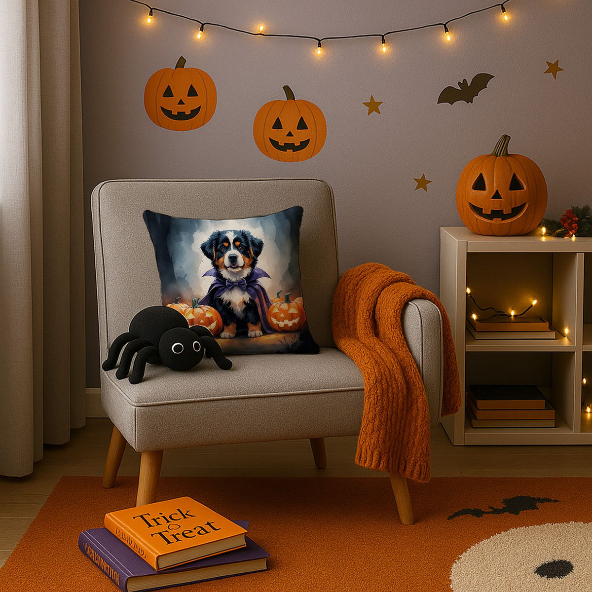 Bernese Mountain Dog Puppy Halloween Throw Pillow Indoor/Outdoor Decorative Throw Pillow, 14 x 14 in - product view 3