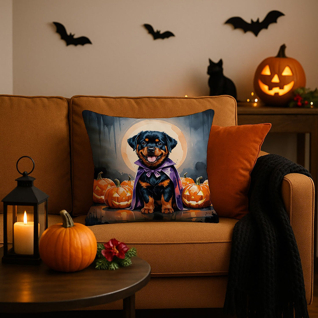 Rottweiler Puppy Halloween Throw Pillow Indoor/Outdoor Decorative Throw Pillow, 18 x 18 in