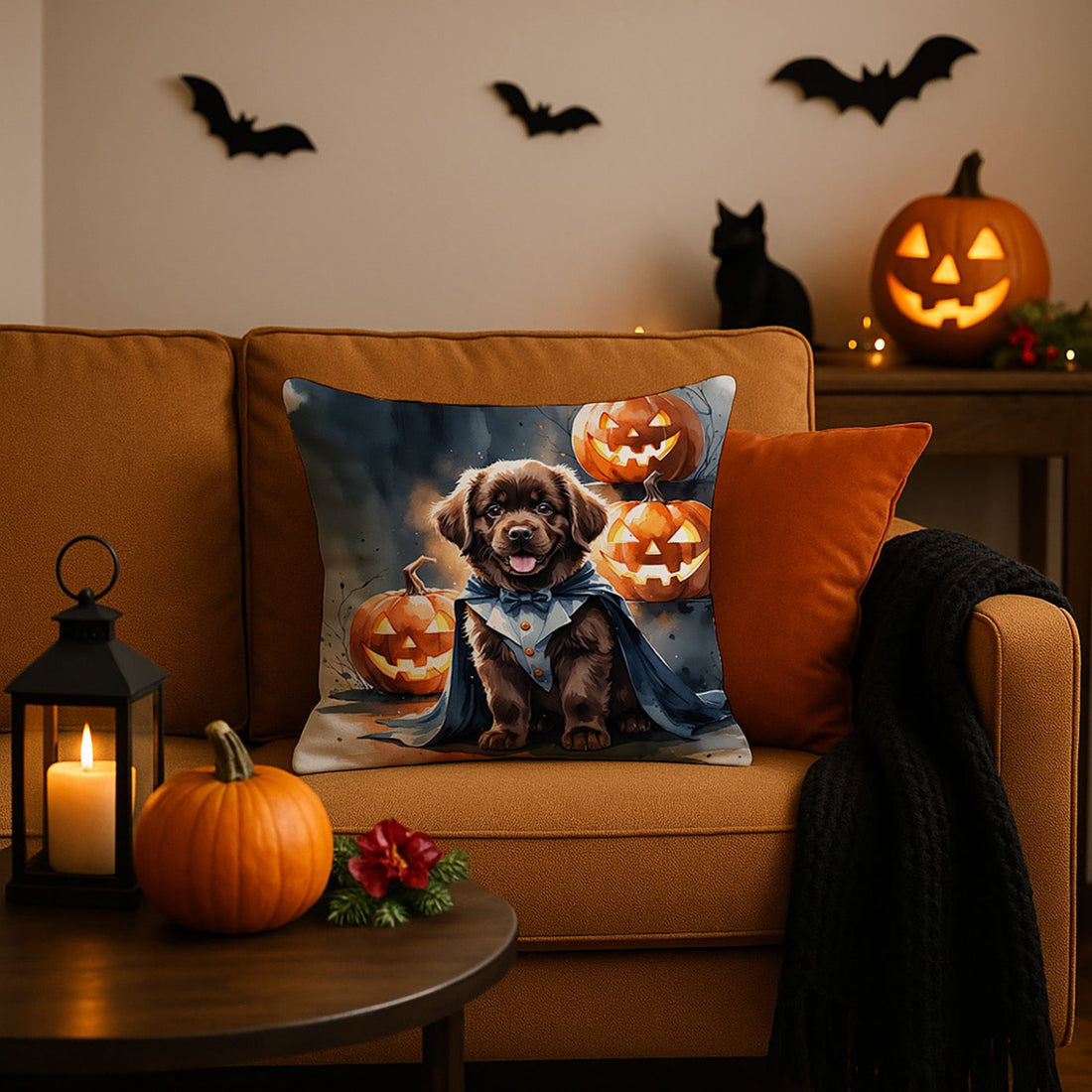 Chocolate Newfoundland Puppy Halloween Throw Pillow Indoor/Outdoor Decorative Throw Pillow, 18 x 18 in