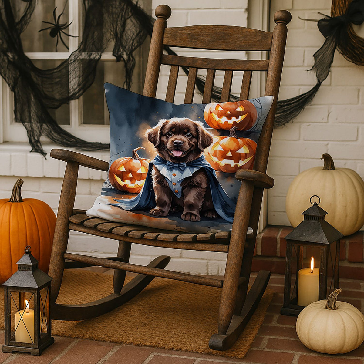 Chocolate Newfoundland Puppy Halloween Throw Pillow Indoor/Outdoor Decorative Throw Pillow, 18 x 18 in - product view 3
