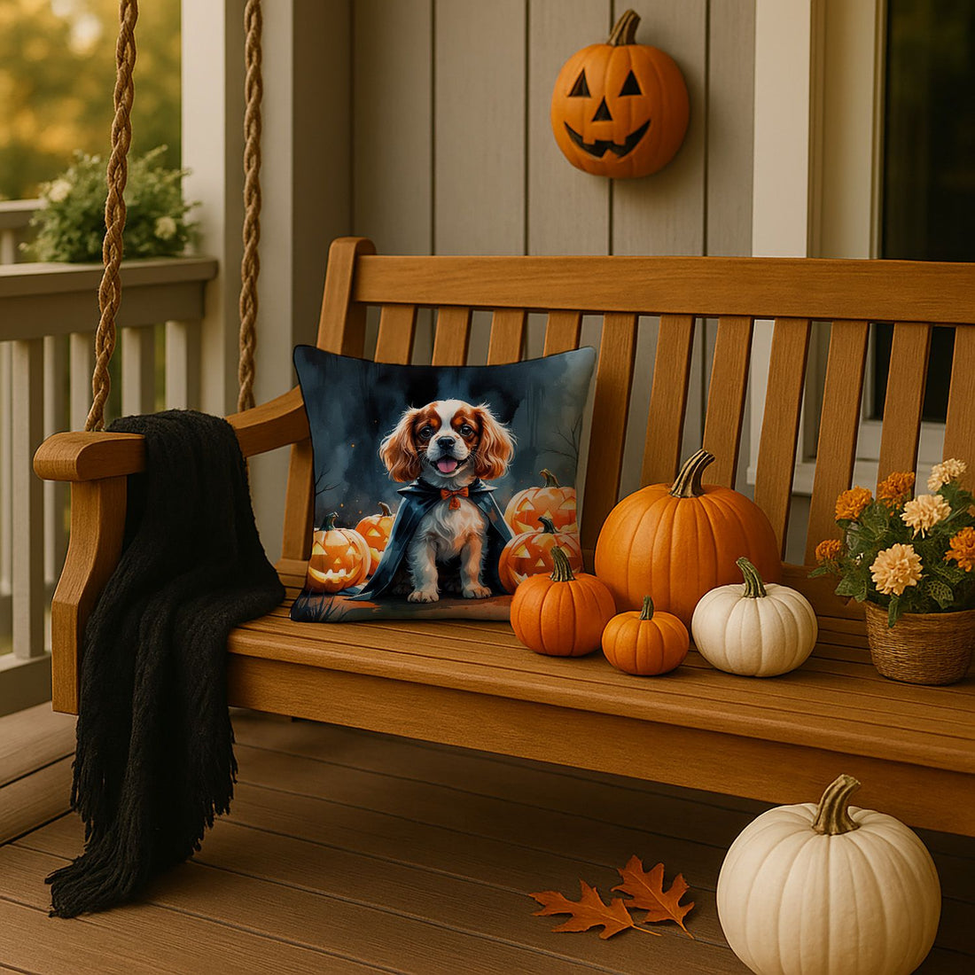 Cavalier Spaniel Puppy Halloween Throw Pillow Indoor/Outdoor Decorative Throw Pillow, 14 x 14 in