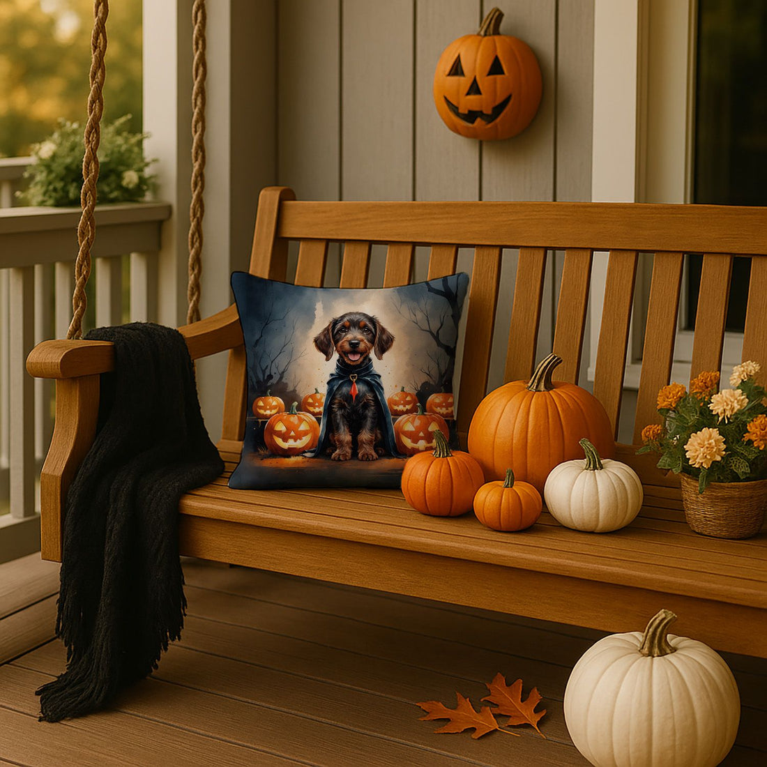 German Wirehaired Pointer Puppy Halloween Throw Pillow Indoor/Outdoor Decorative Throw Pillow, 14 x 14 in