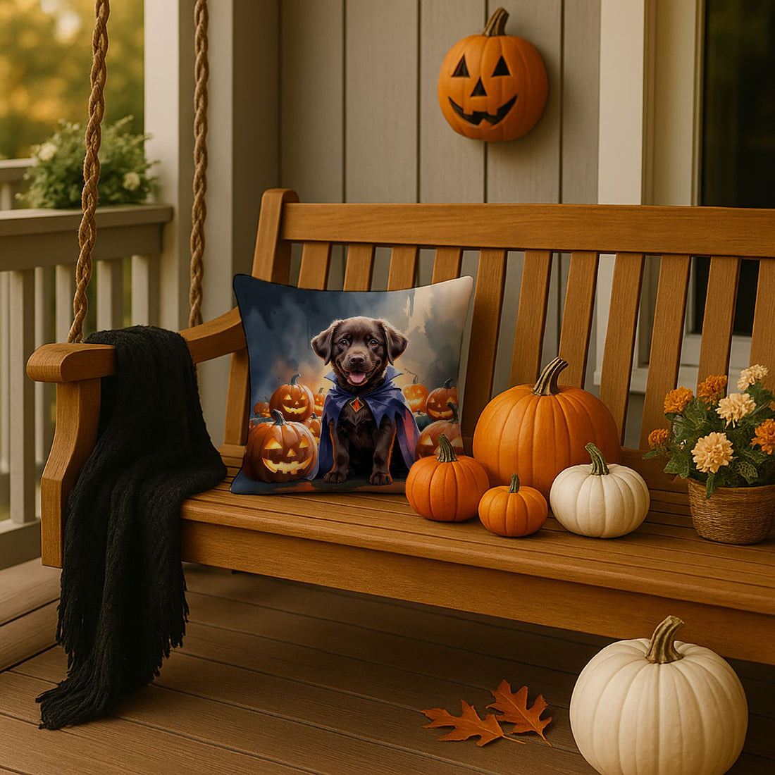Chocolate Labrador Retriever Puppy Halloween Throw Pillow Indoor/Outdoor Decorative Throw Pillow, 14 x 14 in
