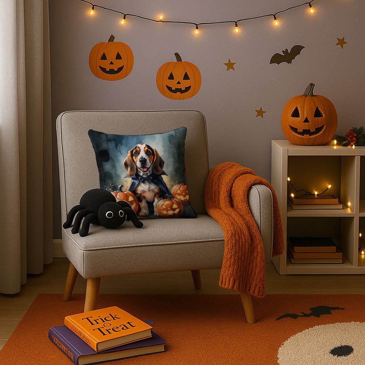 Basset Hound Puppy Halloween Throw Pillow Indoor/Outdoor Decorative Throw Pillow, 14 x 14 in - product view 3