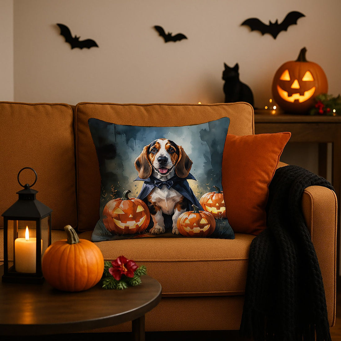 Basset Hound Puppy Halloween Throw Pillow Indoor/Outdoor Decorative Throw Pillow, 18 x 18 in