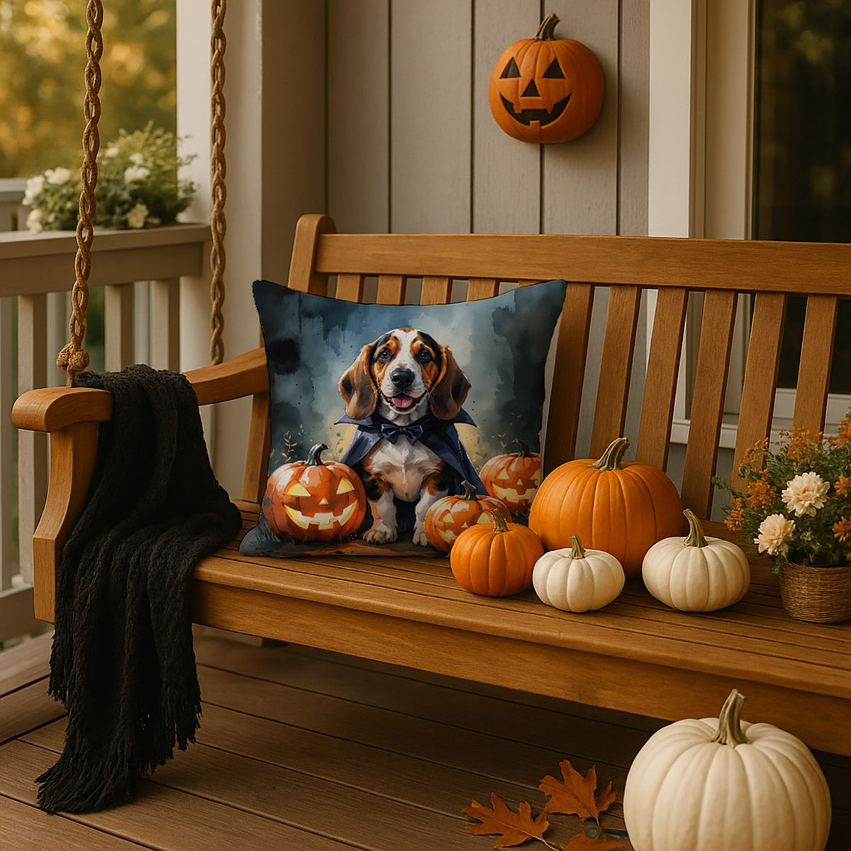 Basset Hound Puppy Halloween Throw Pillow Indoor/Outdoor Decorative Throw Pillow, 18 x 18 in - product view 4