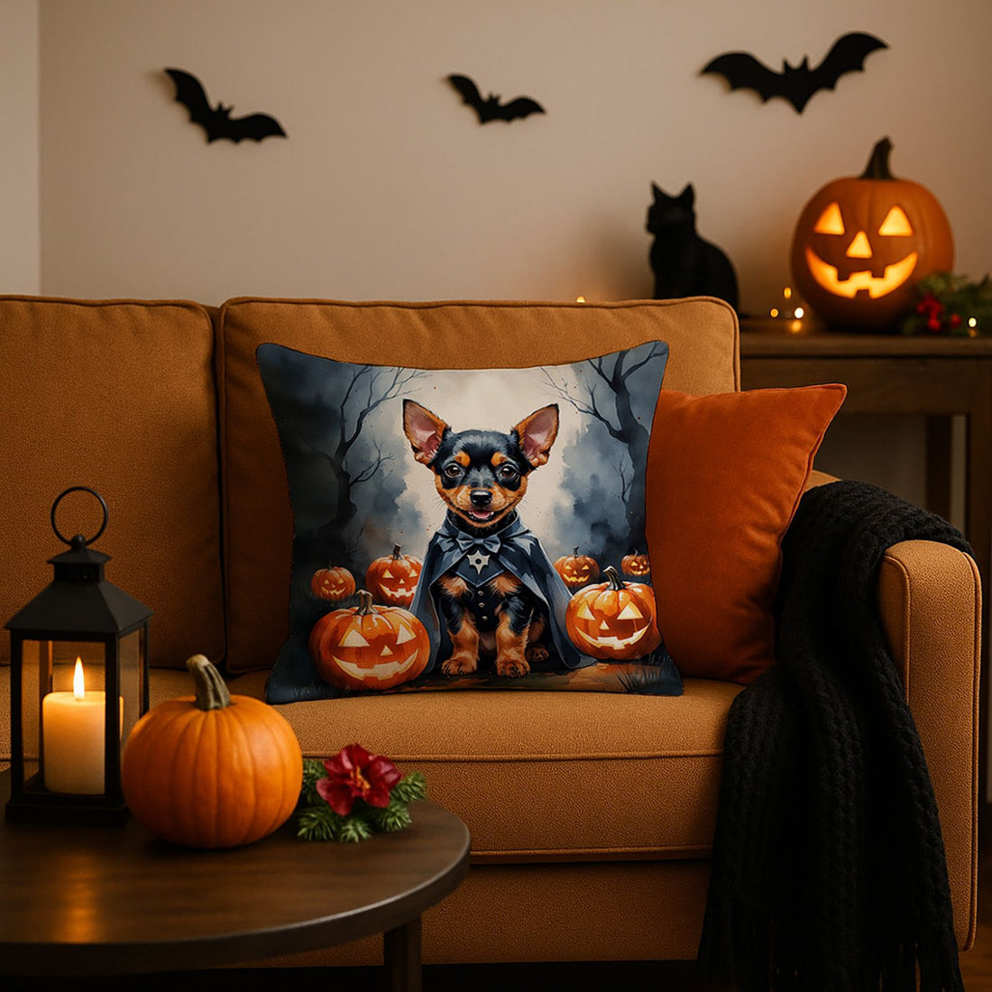 Miniature Pinscher Puppy Halloween Throw Pillow Indoor/Outdoor Decorative Throw Pillow, 18 x 18 in