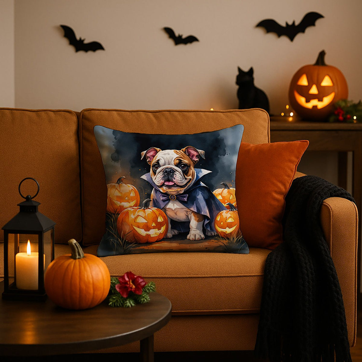 English Bulldog Puppy Halloween Throw Pillow Indoor/Outdoor Decorative Throw Pillow, 18 x 18 in - product view 2
