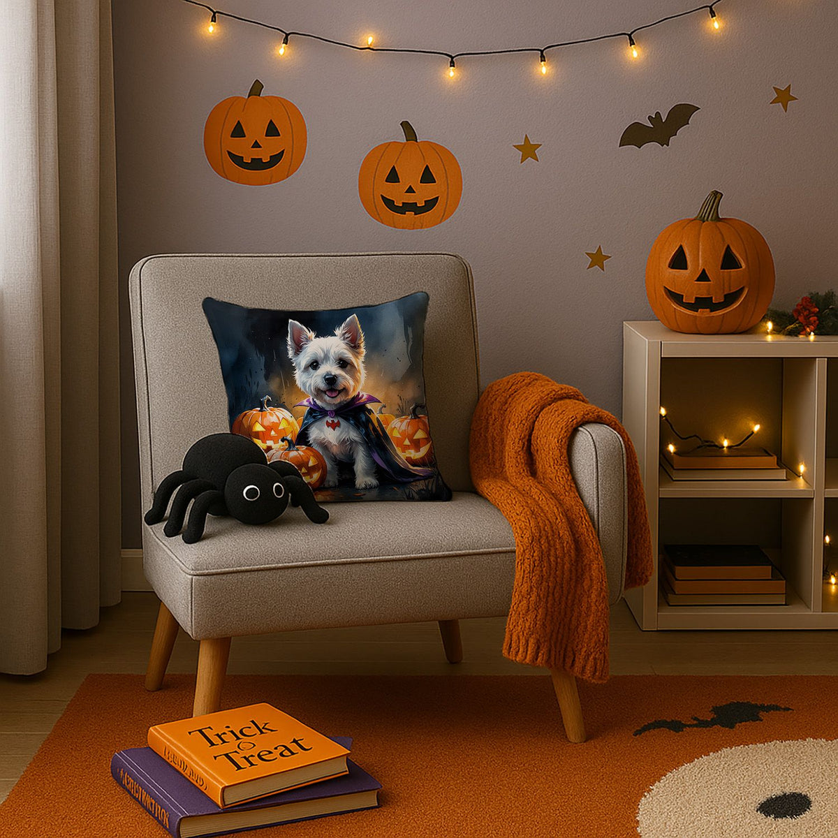 Westie Spaniel Puppy Halloween Throw Pillow Indoor/Outdoor Decorative Throw Pillow, 14 x 14 in - product view 3
