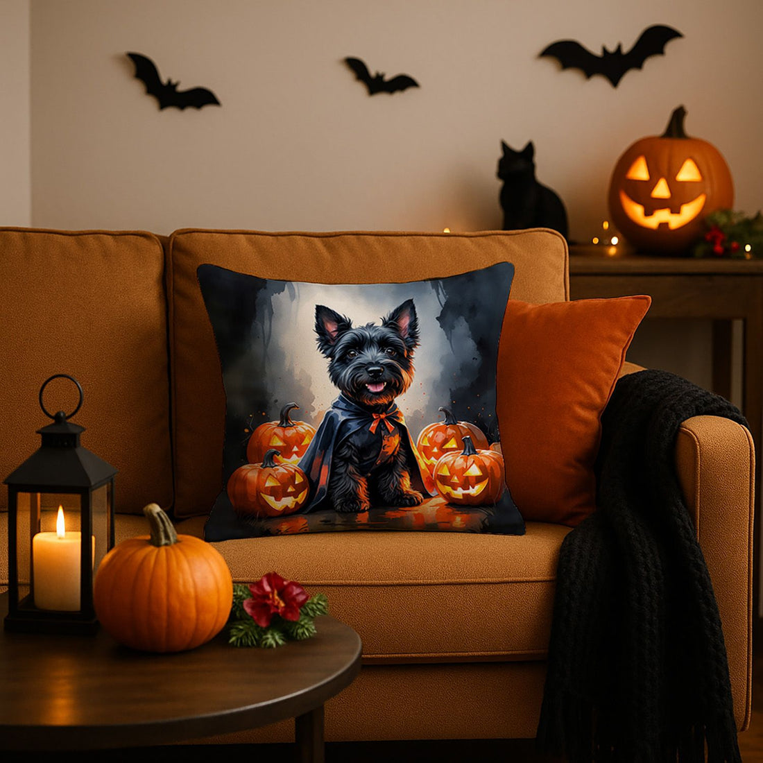 Scottish Terrier Puppy Halloween Throw Pillow Indoor/Outdoor Decorative Throw Pillow, 18 x 18 in