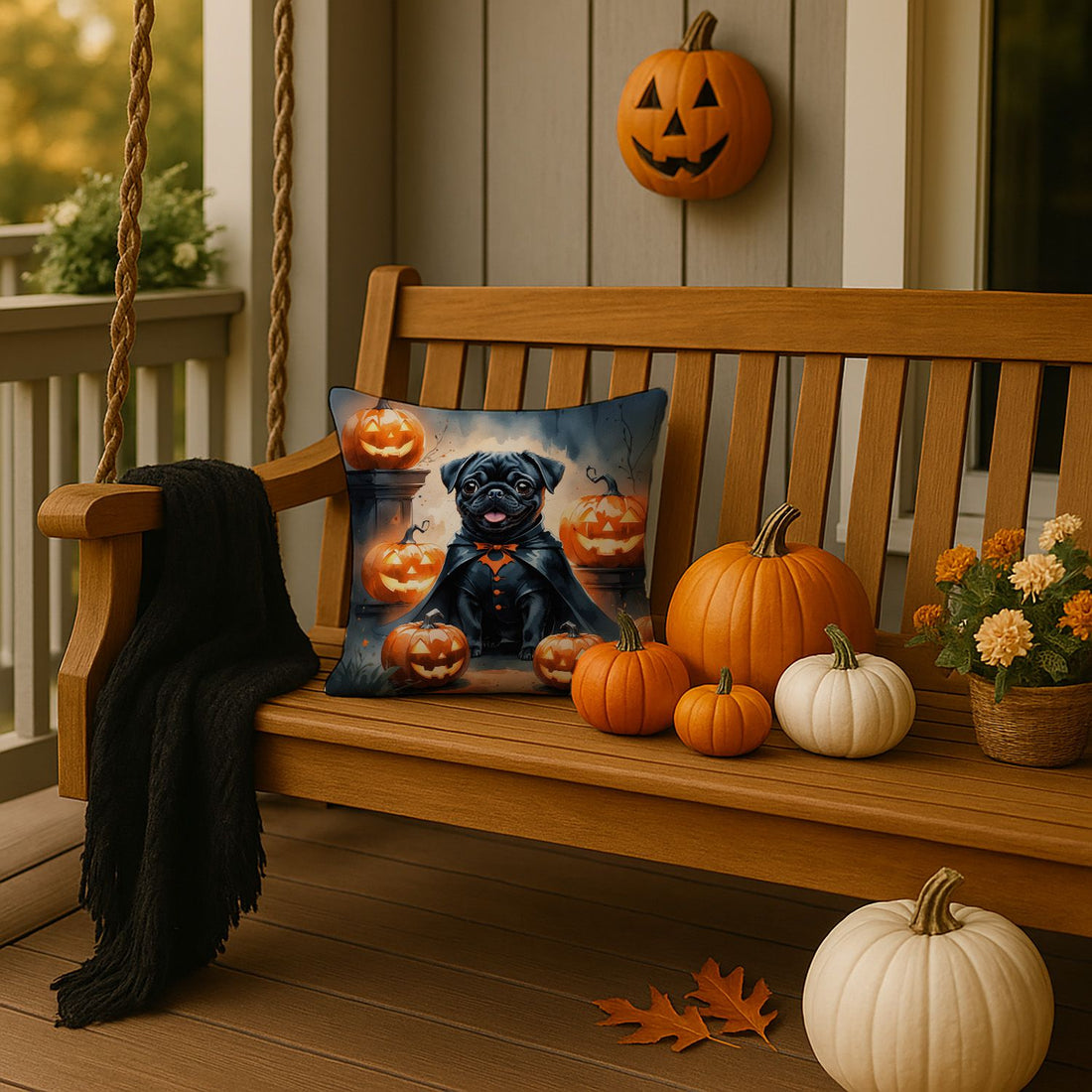 Black Pug Puppy Halloween Throw Pillow Indoor/Outdoor Decorative Throw Pillow, 14 x 14 in
