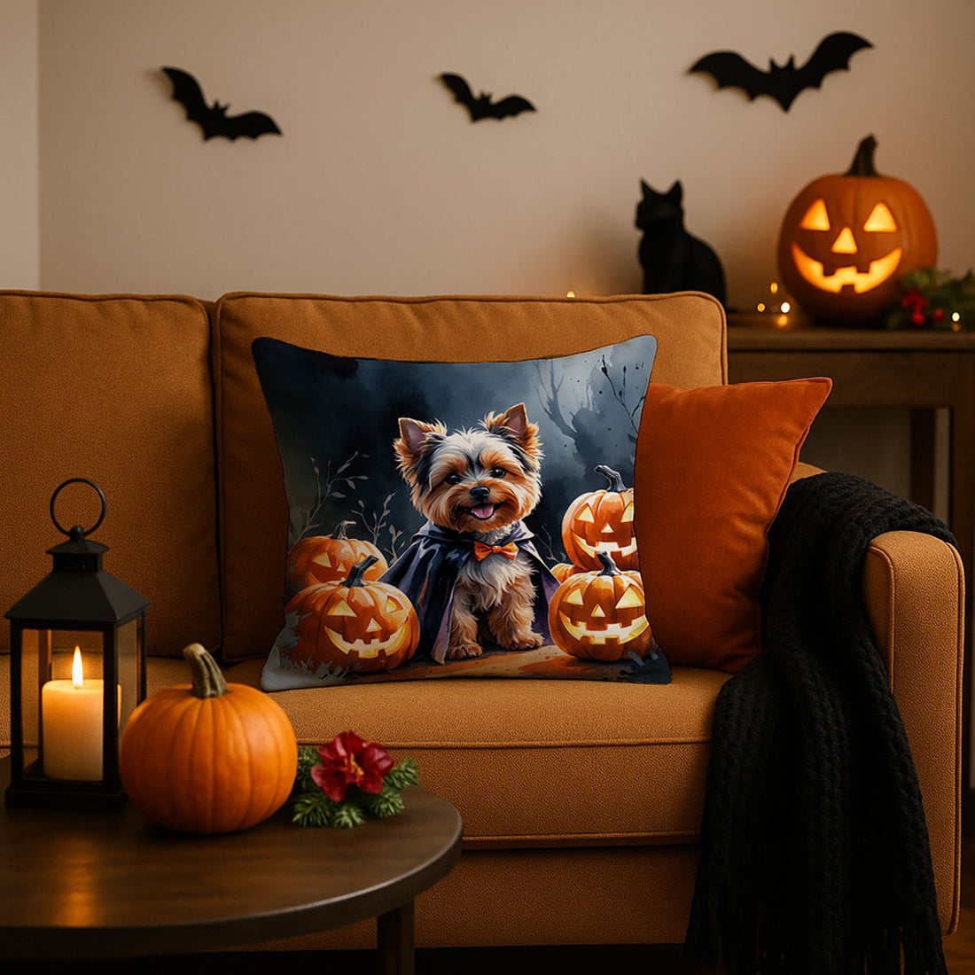 Yorkshire Terrier Puppy Halloween Throw Pillow Indoor/Outdoor Decorative Throw Pillow, 18 x 18 in