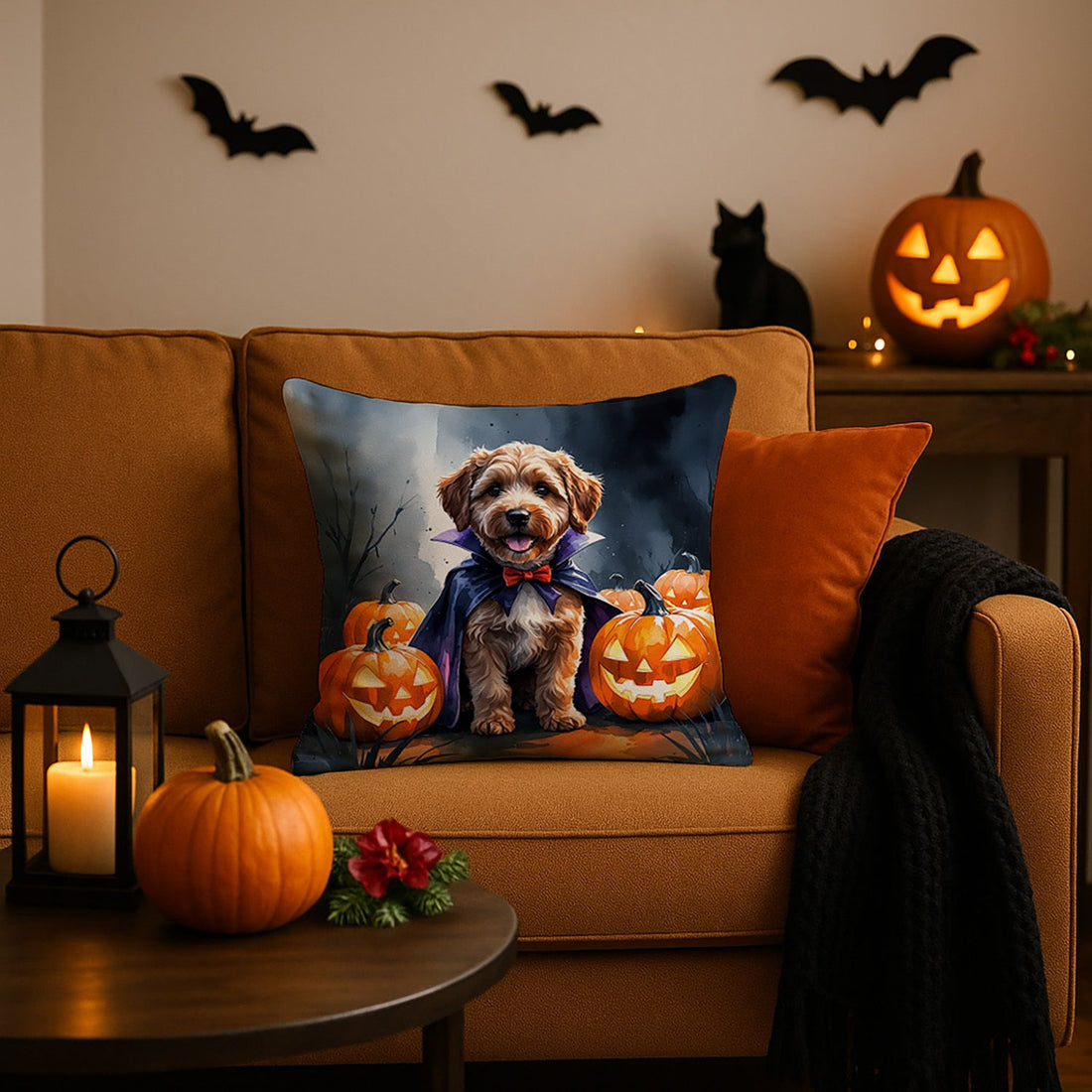 Chocolate Labradoodle Puppy Halloween Throw Pillow Indoor/Outdoor Decorative Throw Pillow, 18 x 18 in