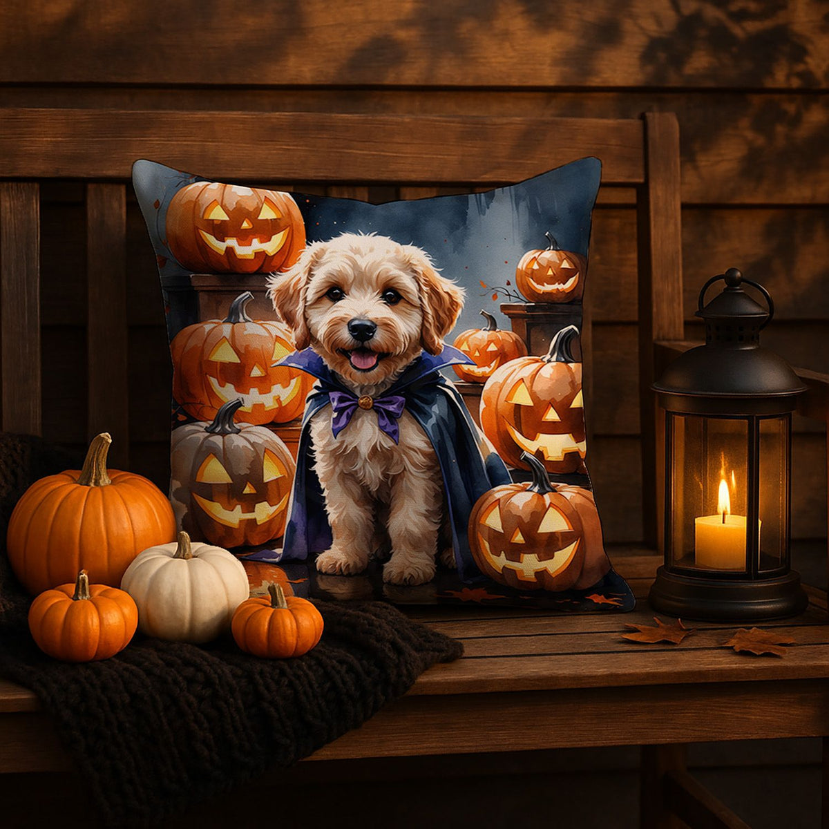 Labradoodle Puppy Halloween Throw Pillow Indoor/Outdoor Decorative Throw Pillow, 18 x 18 in - product view 5