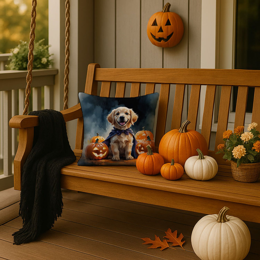 Golden Retriever Puppy Halloween Throw Pillow Indoor/Outdoor Decorative Throw Pillow, 14 x 14 in