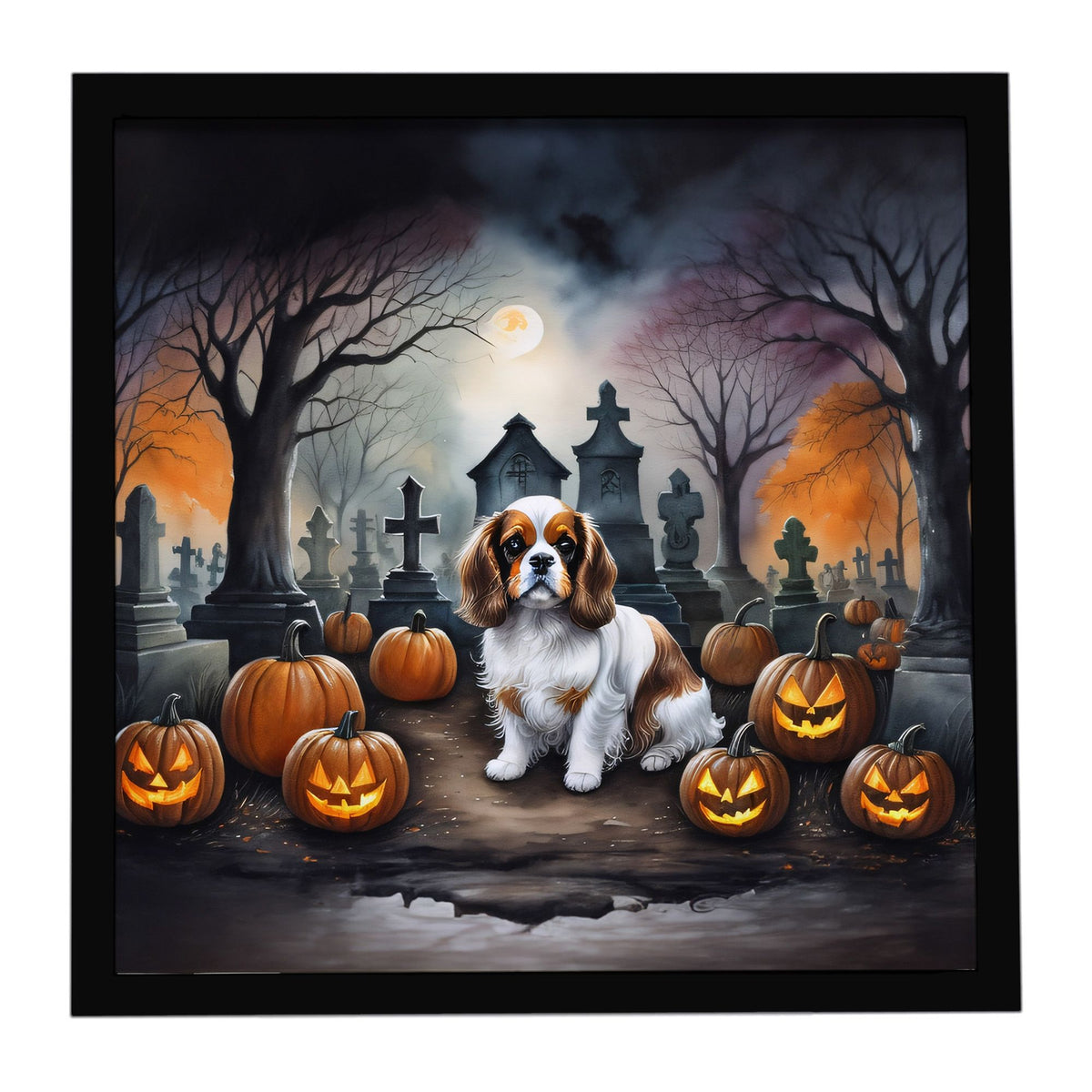 Cavalier Spaniel Spooky Halloween Framed Metal Wall Art Square, 8 x 8 in